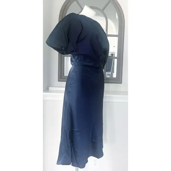Amsale NAVY One Shoulder Fluid Satin Cocktail Midi Dress, NWT, Size 4 - Picture 8 of 13